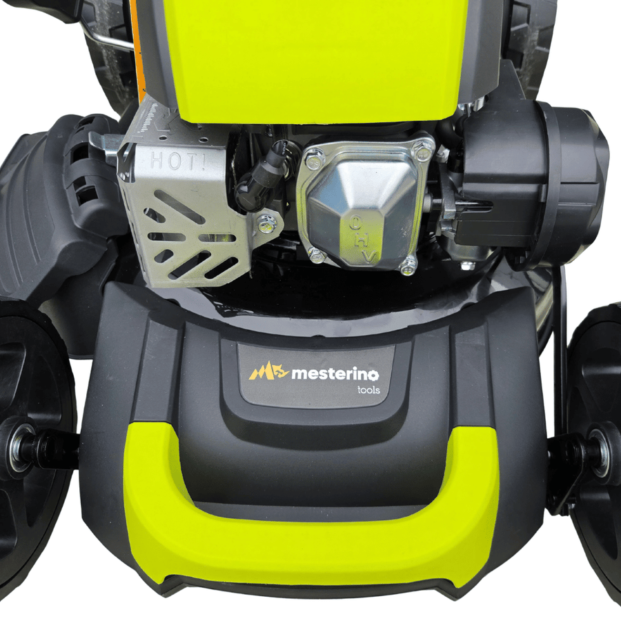 Masina autopropulsata pentru tuns iarba/gazon MESTERINO MTBJXPM46N-169, motor 4T 169 cmc, 4 CP, latime taiere 46 cm, 8 nivele de taiere, sac colector 60 litri, evacuare laterala si mulcire