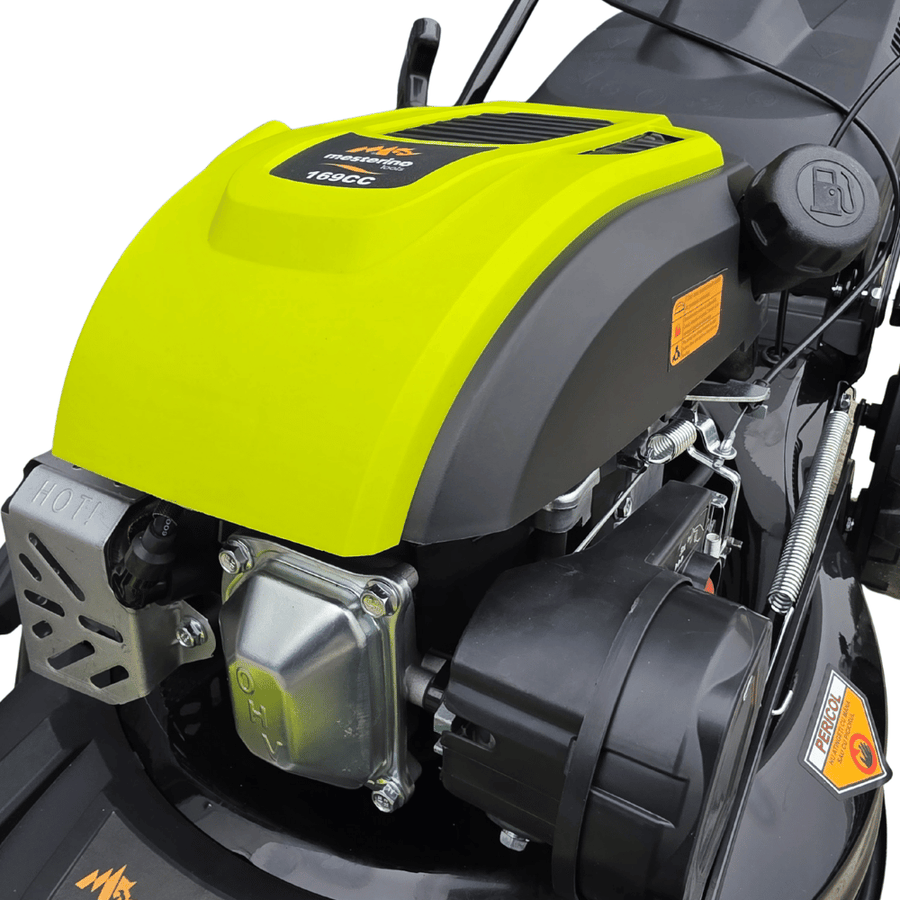 Masina autopropulsata pentru tuns iarba/gazon MESTERINO MTBJXPM46N-169, motor 4T 169 cmc, 4 CP, latime taiere 46 cm, 8 nivele de taiere, sac colector 60 litri, evacuare laterala si mulcire