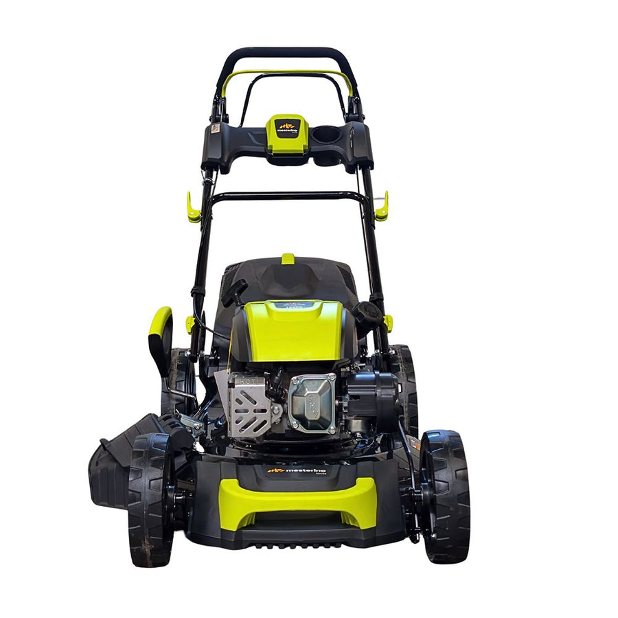 Masina pentru tuns iarba/gazon autopropulsata MESTERINO MTBJXPM51N-196, sasiu de metal, motor 4T 196 cmc, putere 5 CP, diametru taiere 51 cm, 8 nivele de taiere, sac colector 60 litri, evacuare lateral si mulcire
