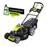 Masina autopropulsata pentru tuns iarba/gazon MESTERINO TOOLS MTBJXPM53N-196, sasiu metal, motor benzina, 196 cmc, 5 CP, latime taiere 53 cm, 8 nivele de taiere, sac colector 60 litri, evacuare laterala si mulcire