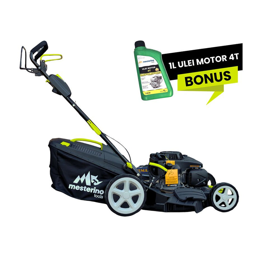 Masina autopropulsata pentru tuns iarba/gazon MESTERINO MTBJXPM53N-224, motor 4T LONCIN 224 cmc, 6.1 CP, latime taiere 53 cm, 8 nivele de taiere, sac colector 60 litri, evacuare lateral si mulcire