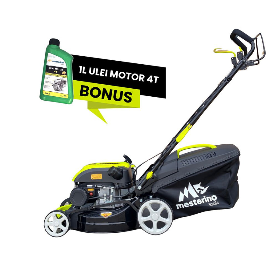 Masina autopropulsata pentru tuns gazon/iarba MESTERINO MTBJXSM41N-149, motor 4T 149 cmc, 3.3 CP, latime taiere 41 cm, 8 nivele taiere, sac colector 50 litri