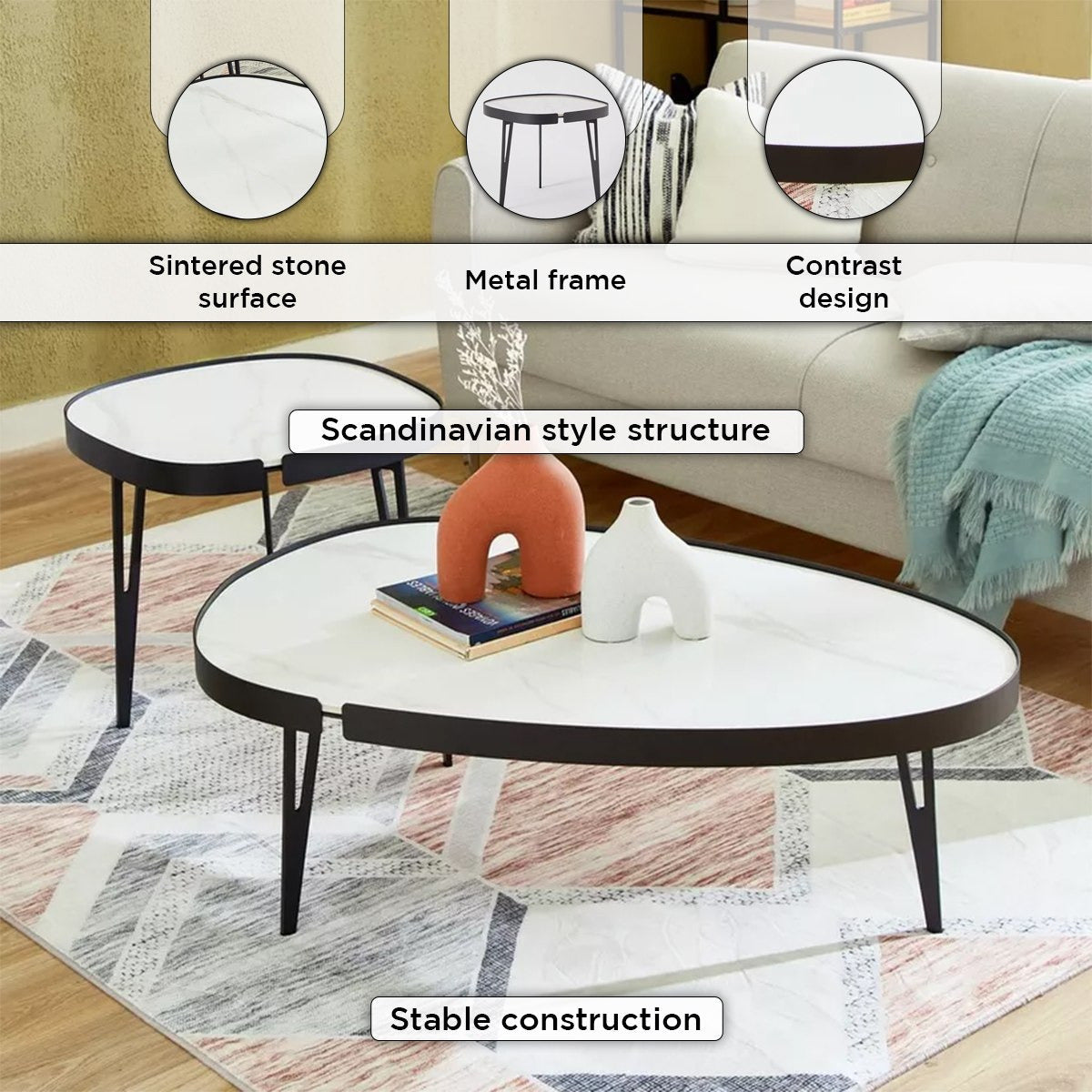 RESIGILAT - Set 2 Masute de Cafea Moderne din Piatra Sinterizata, Finisaj Lucios, Rezistente la Caldura si Pete, Design Elegant pentru Living