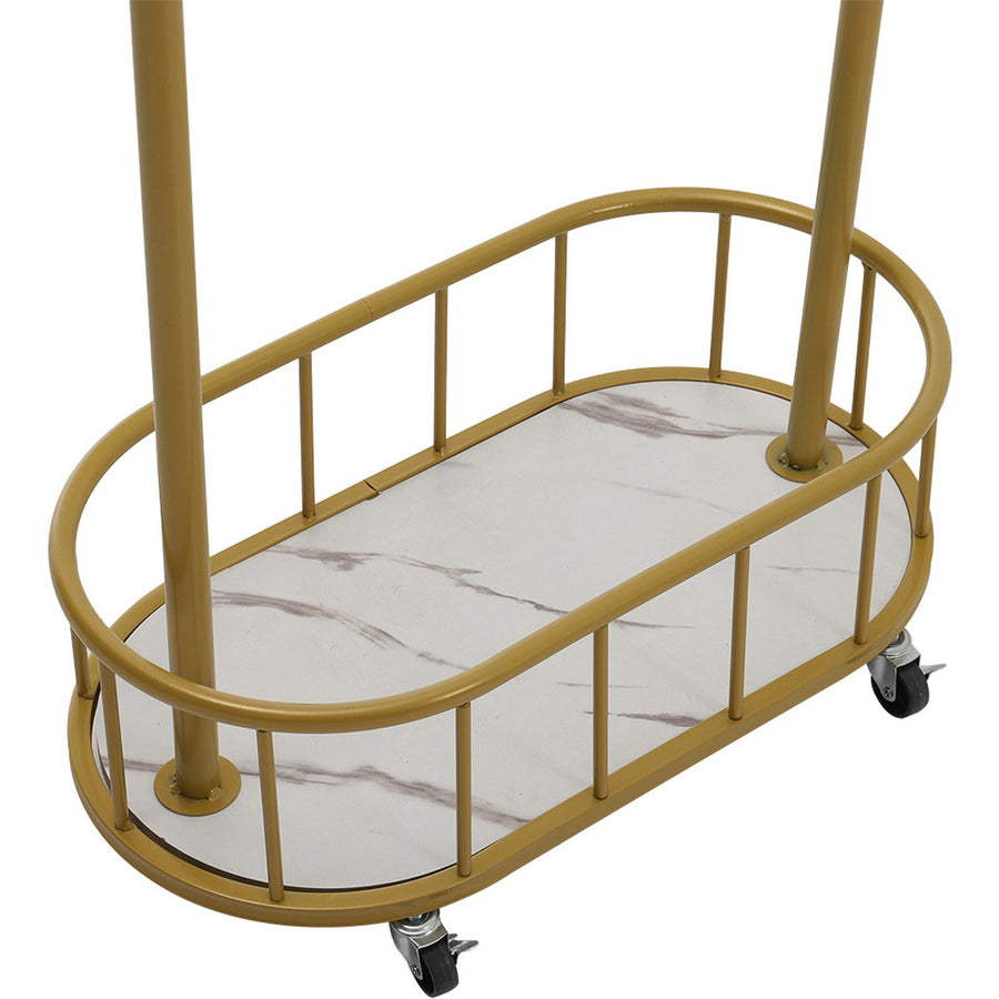 RESIGILAT - Suport haine metalic cu roti si cos de depozitare, finisaj auriu, 80x32x173 cm