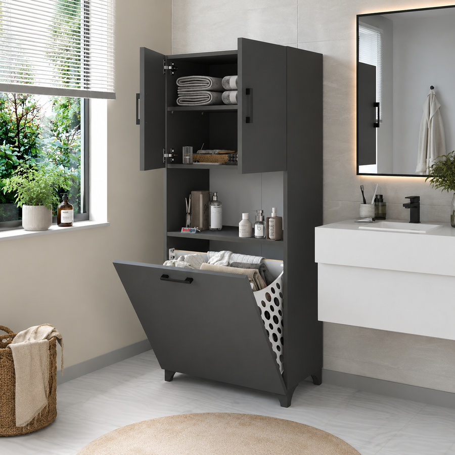 RESIGILAT - Dulap multifunctional pentru baie sau bucatarie, cu spatiu pentru cos de rufe, 60 x 33,8 x 153,6 cm