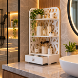 Organizator Multifuncțional din PVC pentru Baie și Cosmetice, cu 3 Rafturi și Sertar – Etajeră de Depozitare, Alb, 22 x 22 x 55 cm - detaliu produs