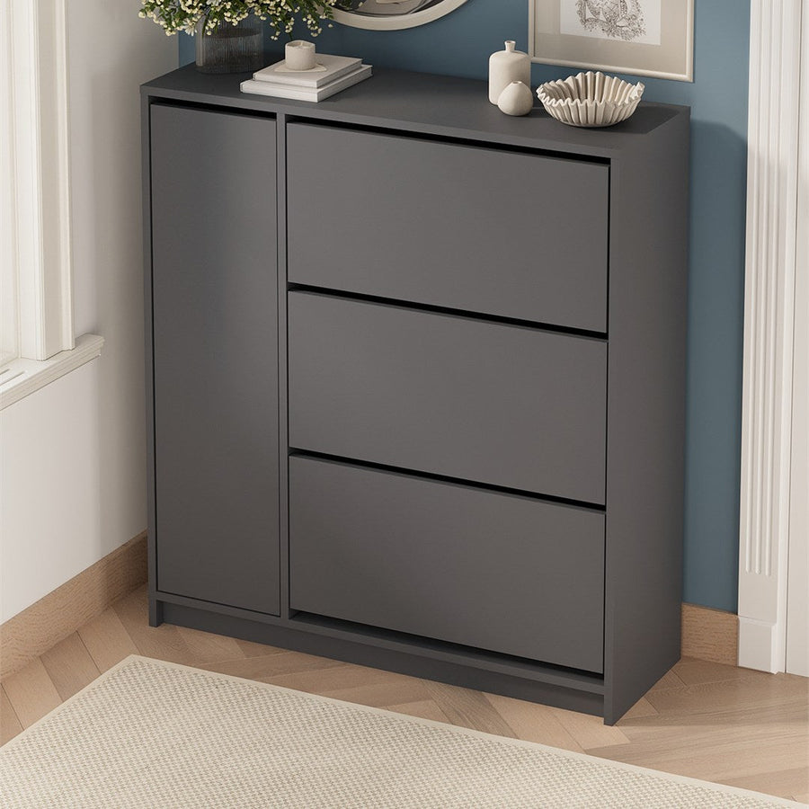 Pantofar Gizem cu usi basculante, dulap pantofi 90 x 100 cm capacitate 12-16 perechi, mobilier hol compact, PAL melaminat 18 mm clasa E1, mecanism flip-down pentru acces rapid, stil modern scandinav Antracit - detaliu 2