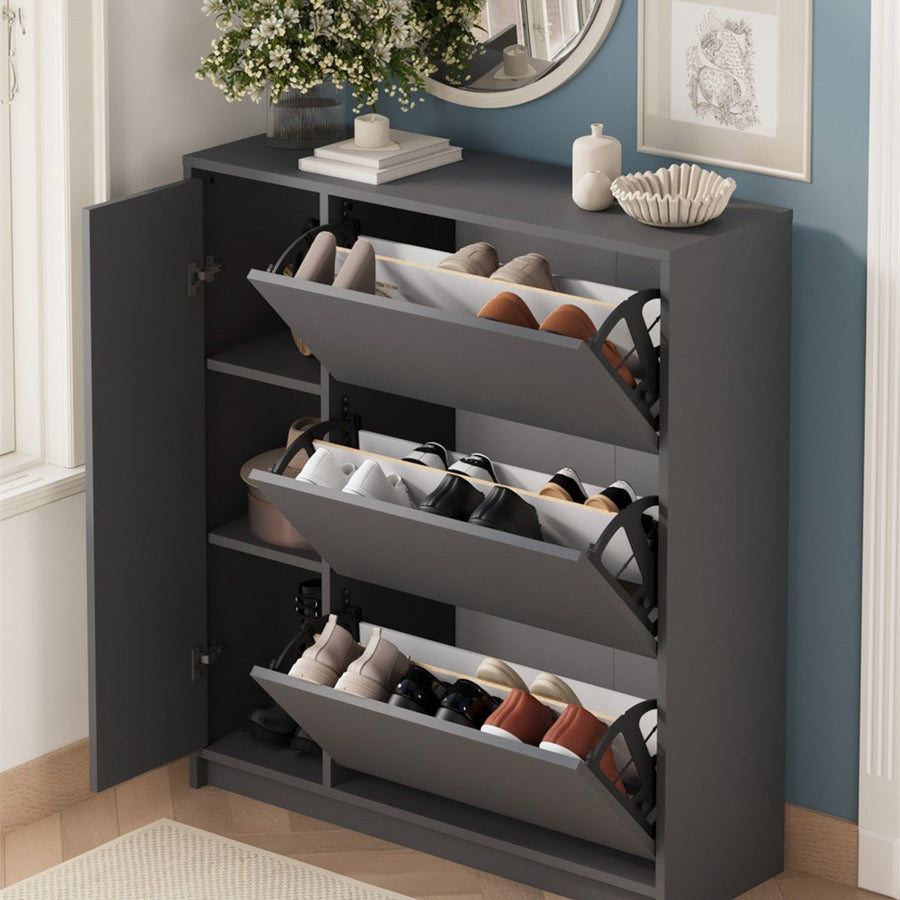 Pantofar Gizem cu usi basculante, dulap pantofi 90 x 100 cm capacitate 12-16 perechi, mobilier hol compact, PAL melaminat 18 mm clasa E1, mecanism flip-down pentru acces rapid, stil modern scandinav Antracit - detaliu 4