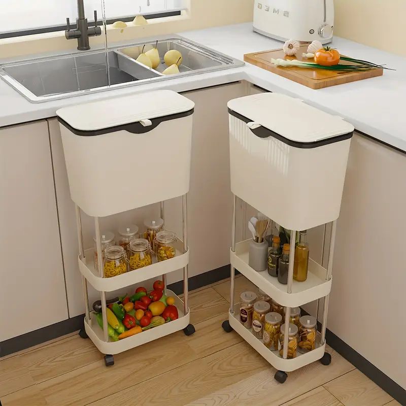 Carucior depozitare cu cos gunoi si 3 niveluri cu roti 360° , 78.5 x 24 x 17 cm