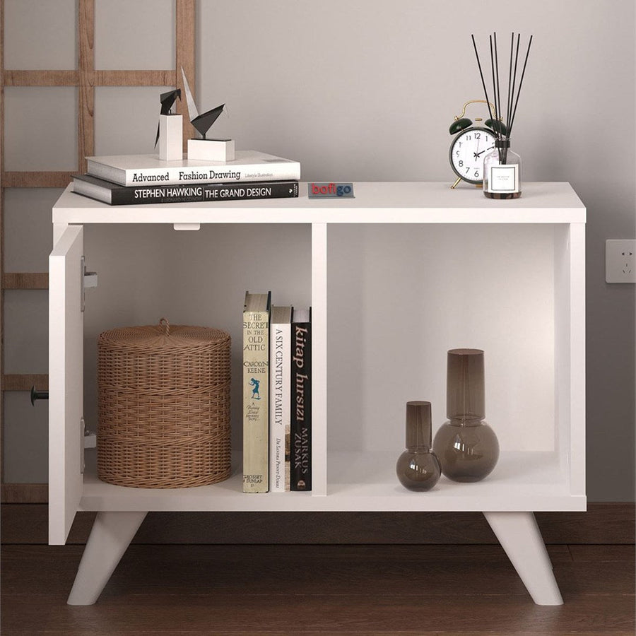 Noptiera Mikonos cu sertar, noptiera dormitor 40 x 55 cm design modern cu picioare inaltate, sertar cu mecanism silentios soft-close, PAL melaminat 18 mm clasa E1, montaj rapid, stil scandinav modern Alb - detaliu 3