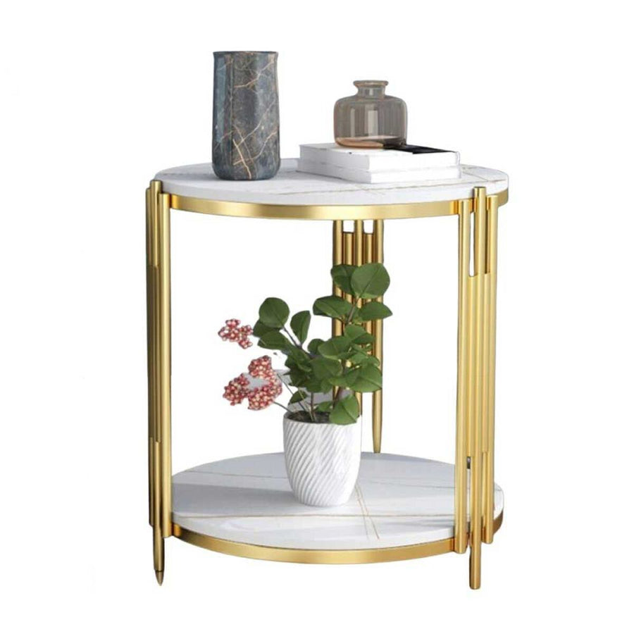 Masuta rotunda pe 2 nivele, blat tip piatra, cadru metalic auriu, design elegant, 60x30 cm
