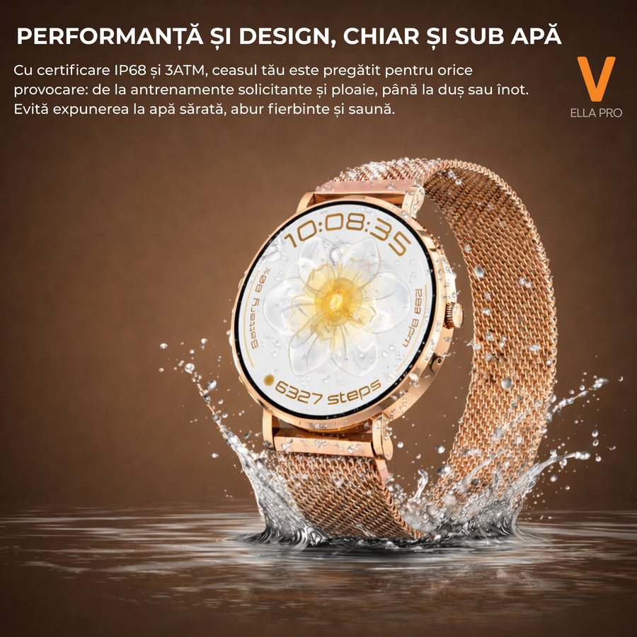 Ceas Smartwatch Dama ELLA PRO Vivendo®, Ecran AMOLED 1.32", Fitness, Apel Bluetooth, Notificari Limba Romana, ChatGPT AI, Incarcare Wireless, Rezistent Apa IP68, 2 Curele Incluse