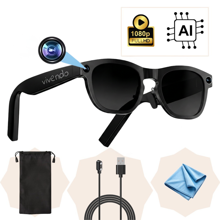 Ochelari Smart VIVENDO SMART GLASSES, Camera 1080P Full HD, AI Integrat, Apeluri Bluetooth, Control Tactil, Streaming Muzica, Wi-Fi 2.4G, Microfoane Duale, Negru