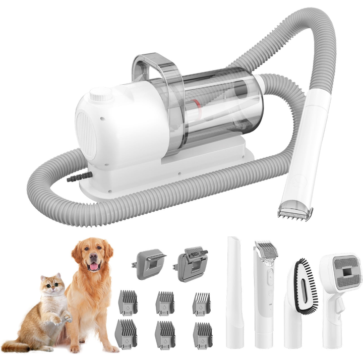 Masina de tuns animale 5 in 1 cu Aspirator integrat – Caini si Pisici, 6 dimensiuni de tuns, zgomot redus, Alb