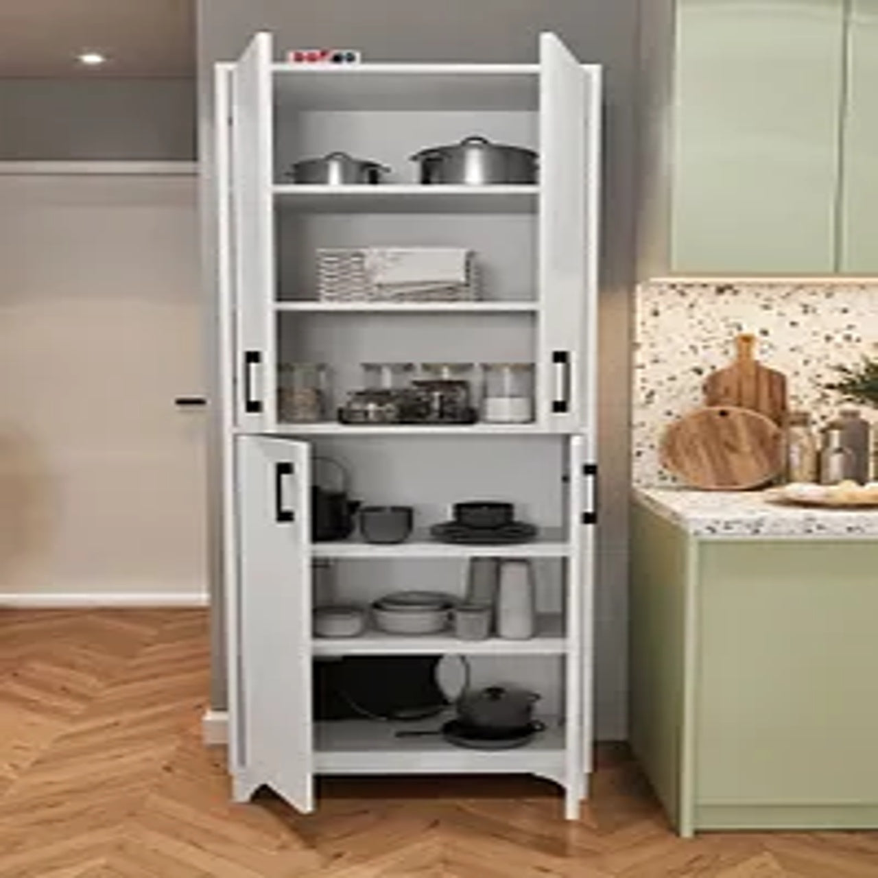 Dulap multifuncțional cu 4 uși și 6 compartimente, 62x36x186 cm, alb