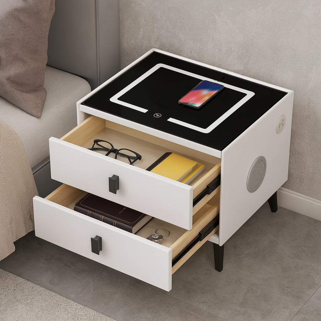 RESIGILAT - Noptiera Smart Multifunctionala, iluminare LED tactil cu 3 culori, incarcare wireless si USB, difuzor Bluetooth, 2 sertare