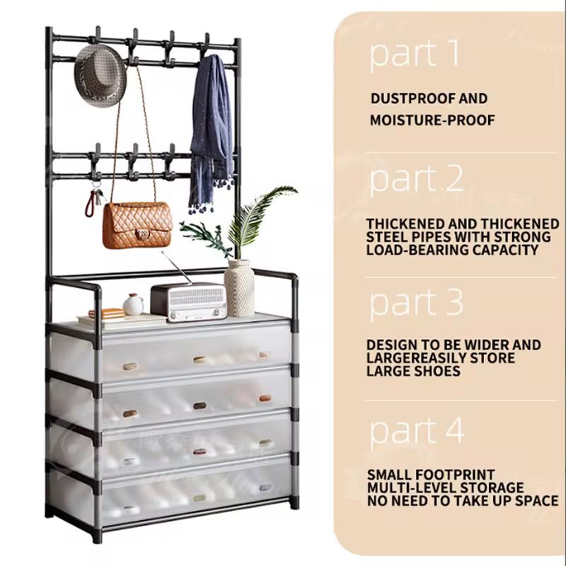 Cuier cu raft pantofi pe 4 niveluri si 8 carlige duble, suport haine si incaltaminte  pentru hol