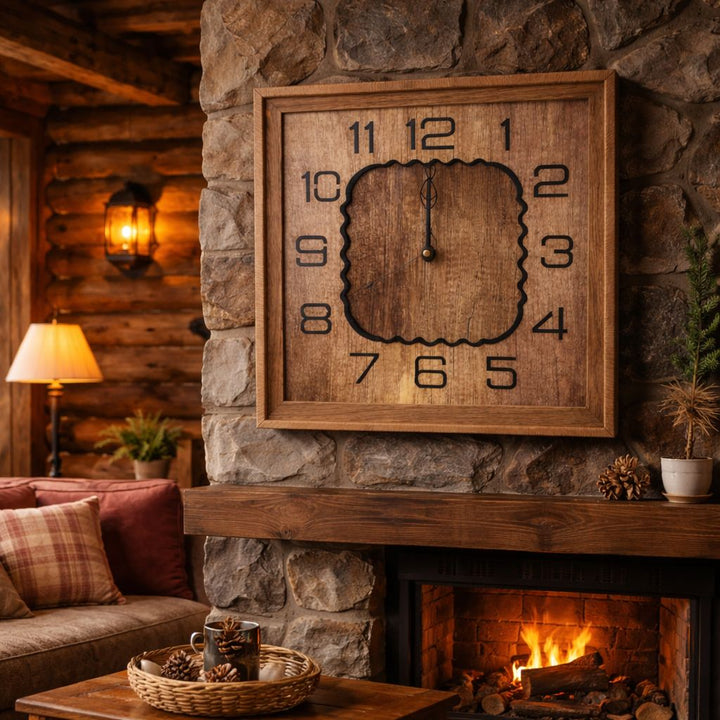 Ceas de perete rustic din lemn, cu design patrat, cifre vizibile si mecanism silentios, 33 cm