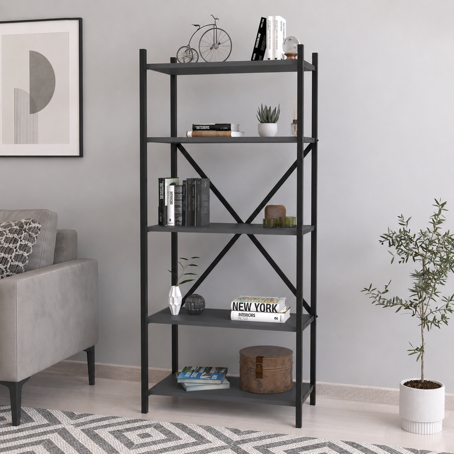 Biblioteca decorativa din PAL si metal 63x29,5x145,6 cm, cu 5 rafturi, pentru carti si accesorii