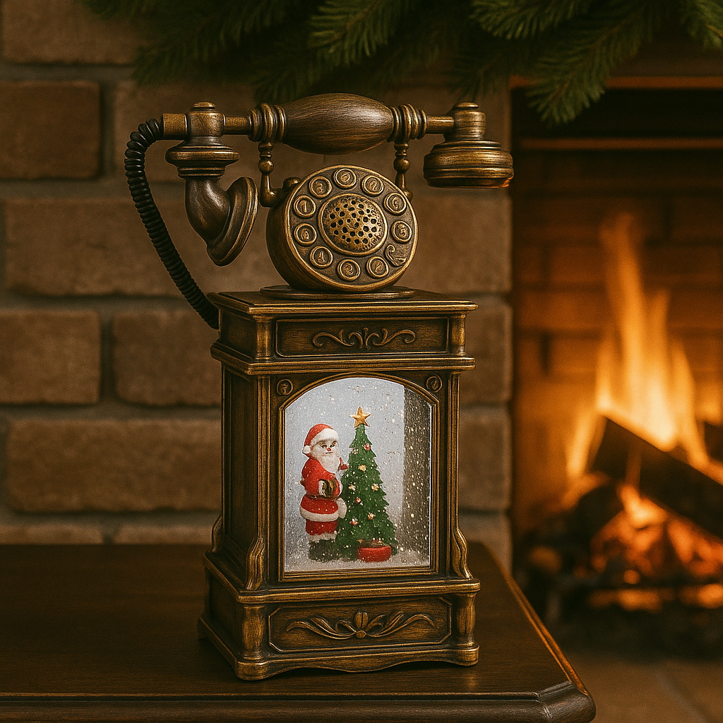 Decoratiune premium Nostalgic Phone, cu functii muzicale, lumina LED si zapada in miscare, Taina sosirii lui Mos Craciun, Maro bronz 32X17X8 cm,