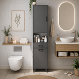 Dulap de baie multifuncțional cu coș de rufe, PAL 18 mm, compartimente de depozitare și rafturi, Alb, 202,5 x 47 x 35,3 cm - detaliu produs