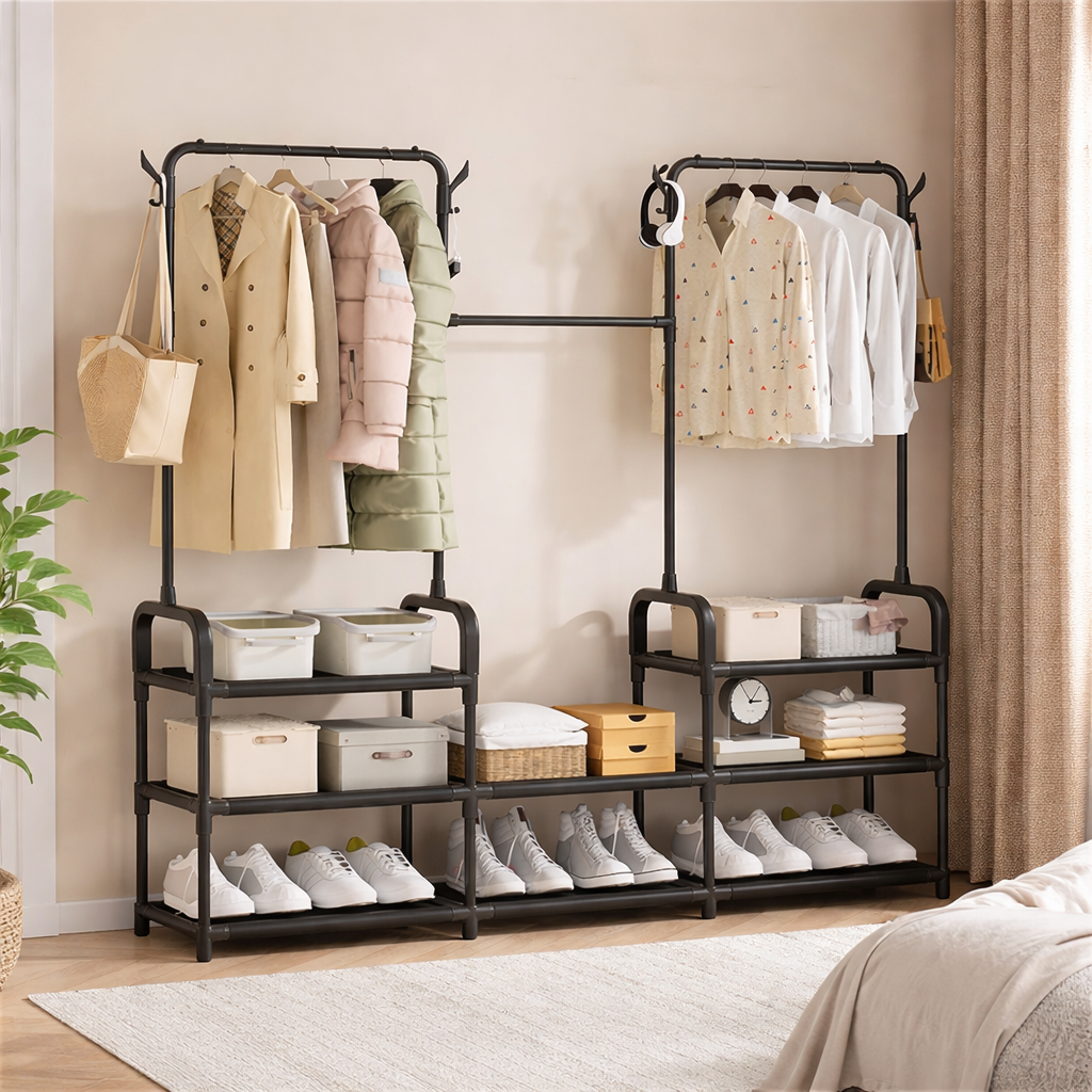 Suport haine metalic  cu rafturi depozitare si carlige laterale Negru 164x137x26 cm