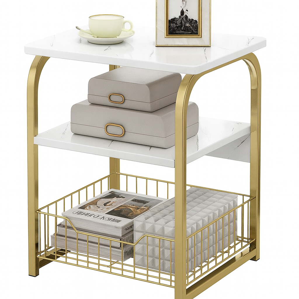 Masa Laterala Moderna 40×30×62 cm cu Cadru Auriu si Rafturi din Marmura Alba