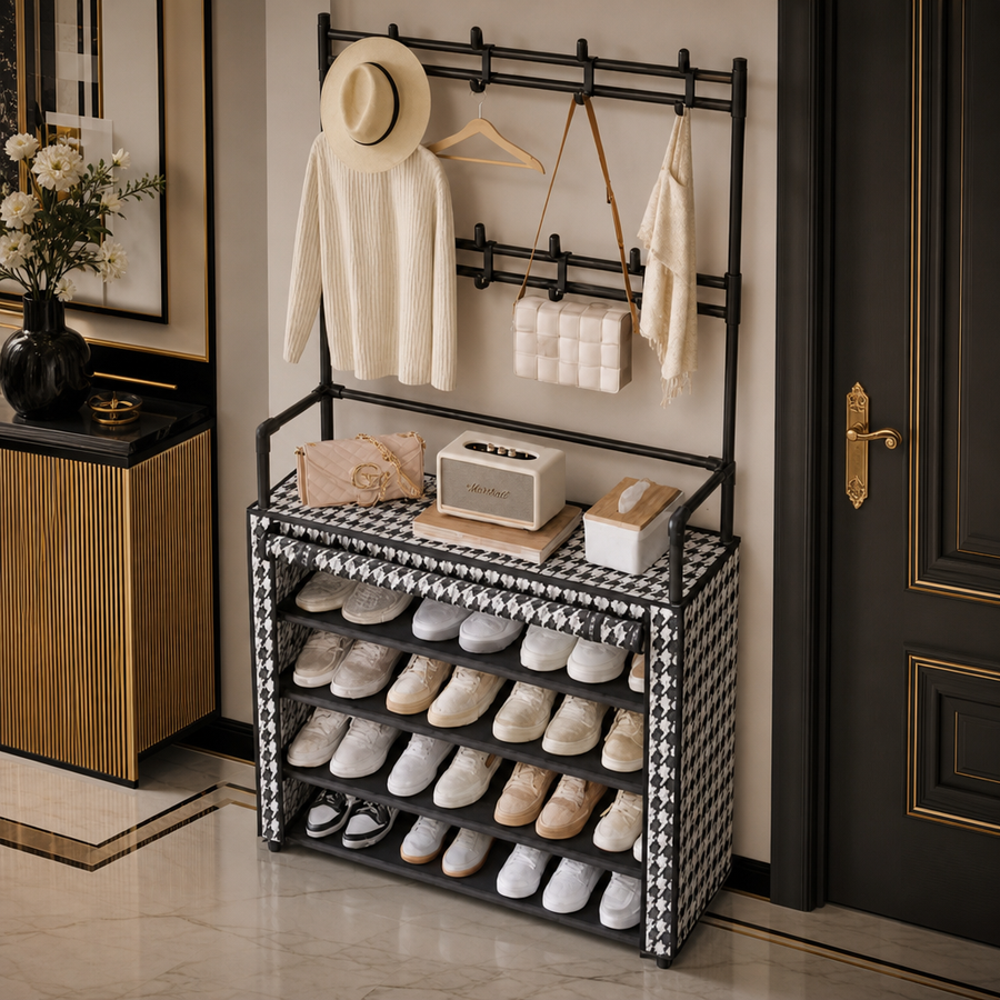 Suport multifunctional pentru incaltaminte cu cuier, negru, 171x80x30 cm, cu husa anti-praf - detaliu produs