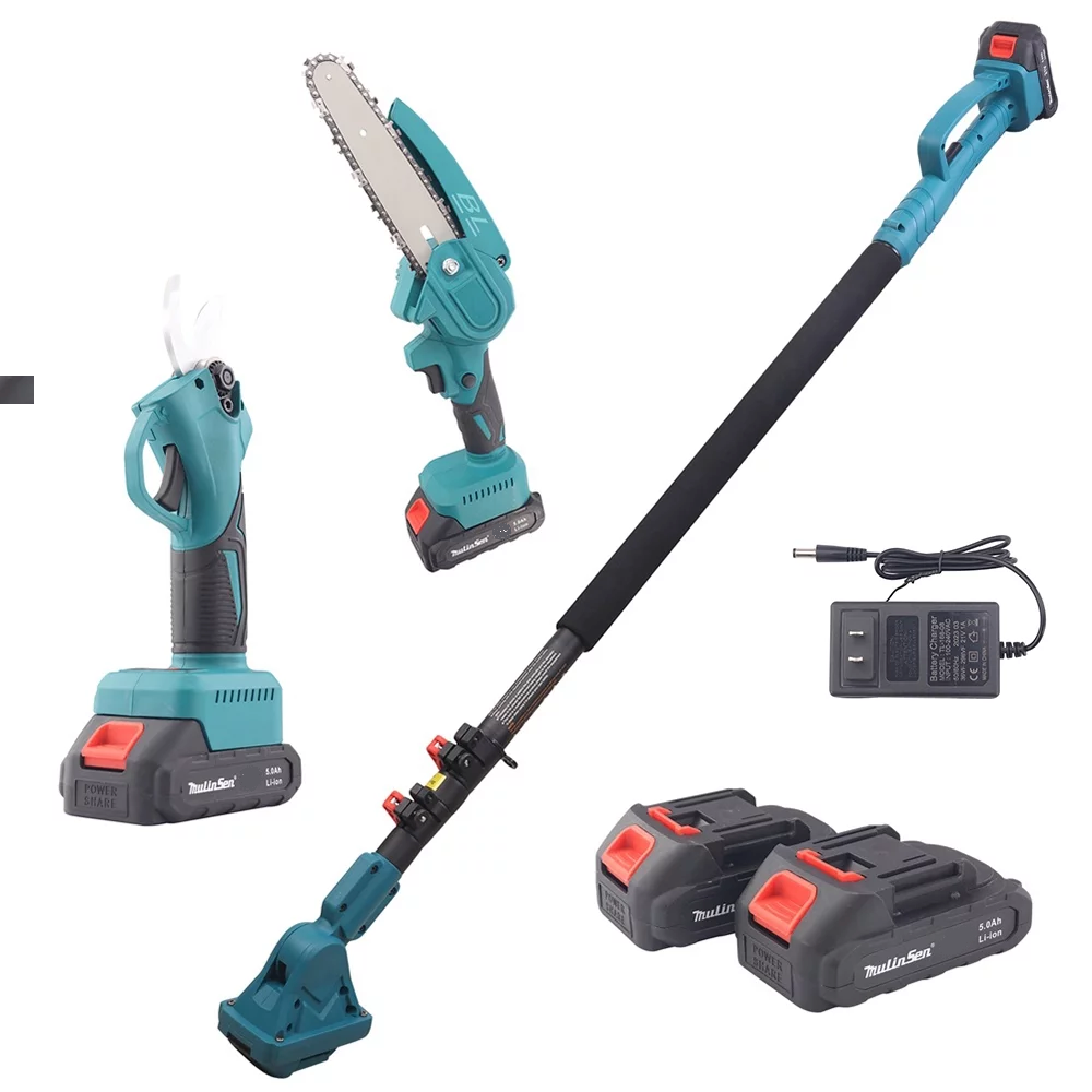 RESIGILAT - Set foarfeca gradina si mini drujba, 2 acumulatori 48V, cu brat 2.13m telescopic, unghi de taiere reglabil
