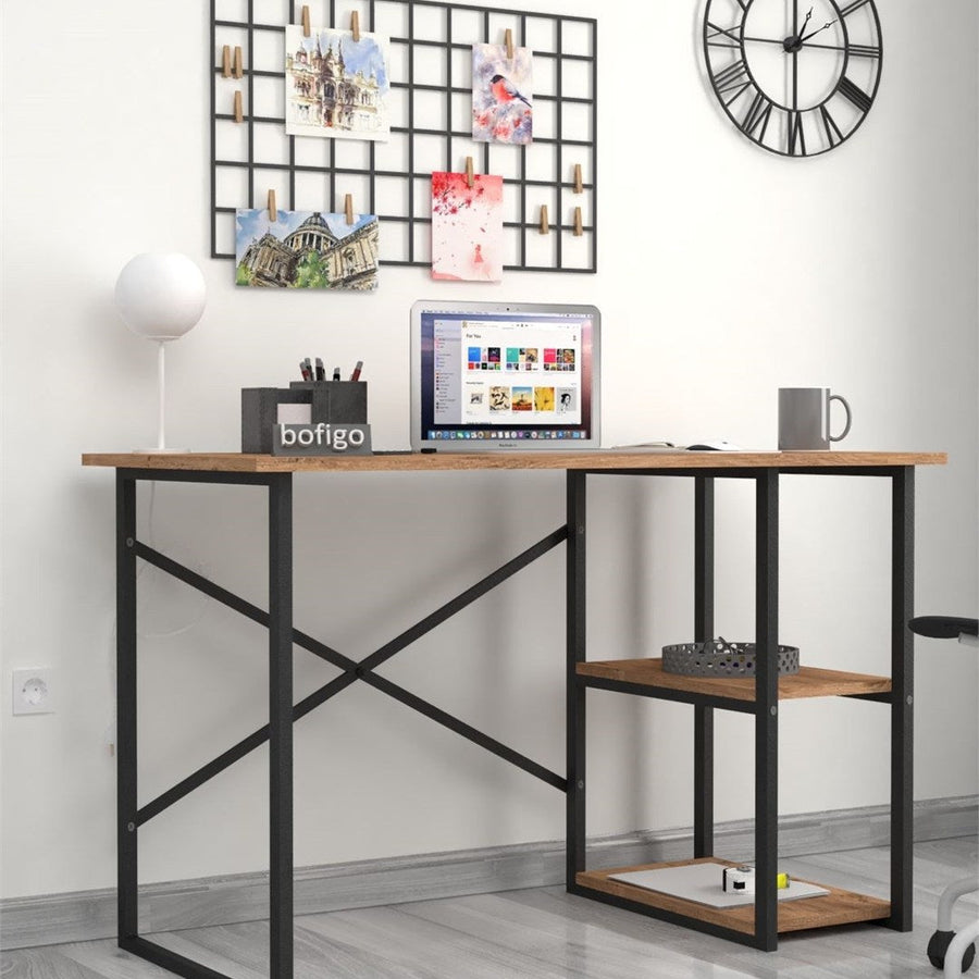 Birou cu 2 rafturi laterale, birou 120 x 60 cm suprafata mare de lucru pentru studiu sau home office, 2 polite pentru dosare carti si accesorii, PAL melaminat 18 mm clasa E1, sustine 40 kg blat, stil modern Pin natur - detaliu 3