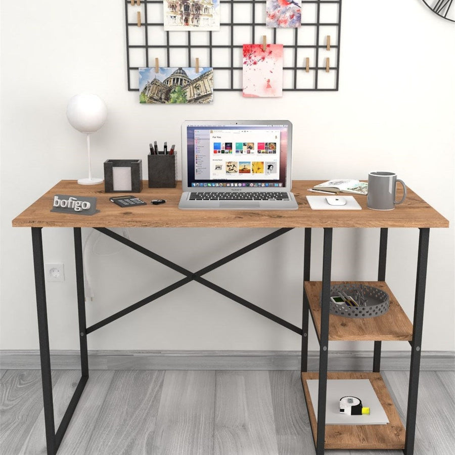 Birou cu 2 rafturi laterale, birou 120 x 60 cm suprafata mare de lucru pentru studiu sau home office, 2 polite pentru dosare carti si accesorii, PAL melaminat 18 mm clasa E1, sustine 40 kg blat, stil modern Pin natur - detaliu 4
