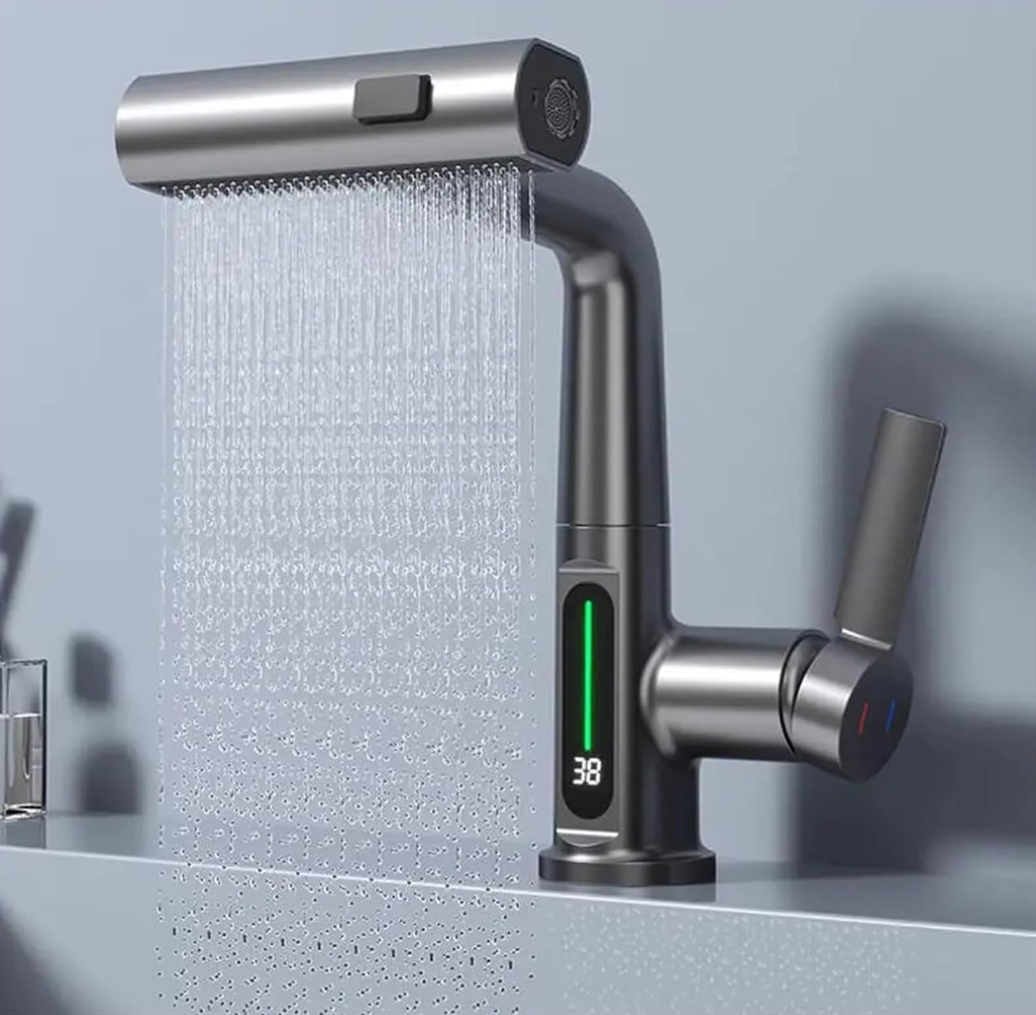 Baterie baie/bucatarie cu display temperatura, curgere tip cascada, jet sau spray, dus extractibil