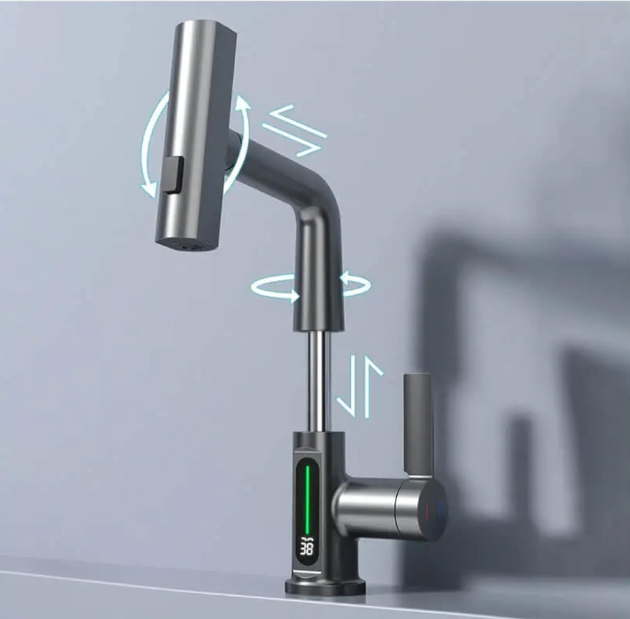 Baterie baie/bucatarie cu display temperatura, curgere tip cascada, jet sau spray, dus extractibil