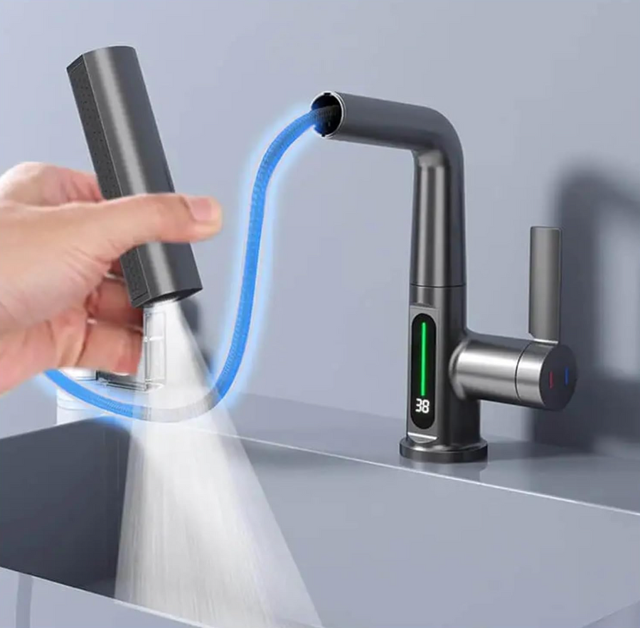 Baterie baie/bucatarie cu display temperatura, curgere tip cascada, jet sau spray, dus extractibil