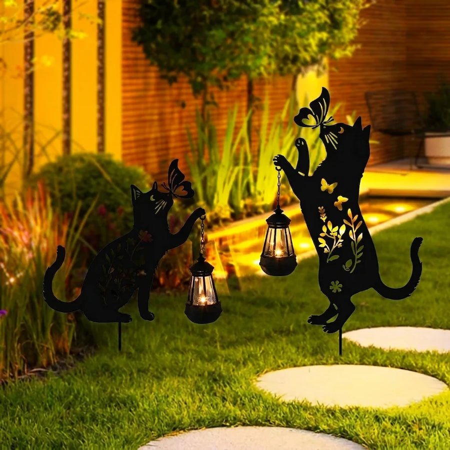 Set 2 Decoratiuni Solare de Gradina Pisica Neagra cu Felinar LED Fluture Metal - detaliu produs