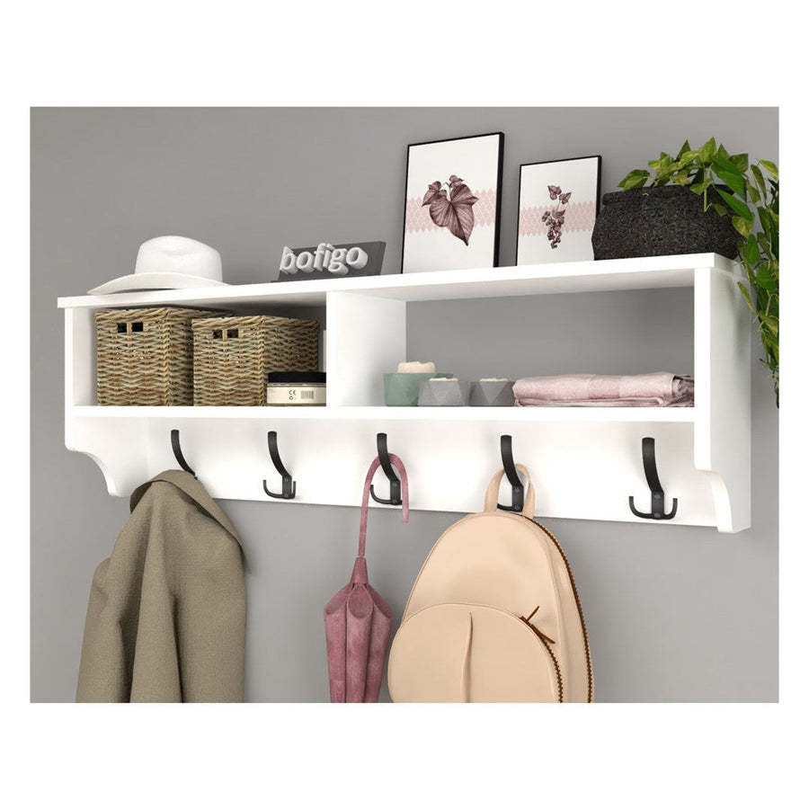 Cuier de perete cu raft 120 cm, cuier hol, 5 carlige metalice rezistente + raft superior pentru caciuli palarii si genti, PAL melaminat 18 mm clasa E1, montaj pe perete, stil modern minimalist scandinav Alb - detaliu 2