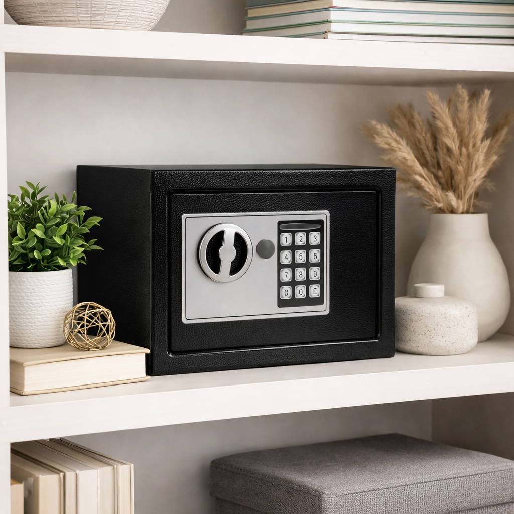 Seif metalic din otel cu inchidere electronica si cheie, 23 x 17 x 17 cm