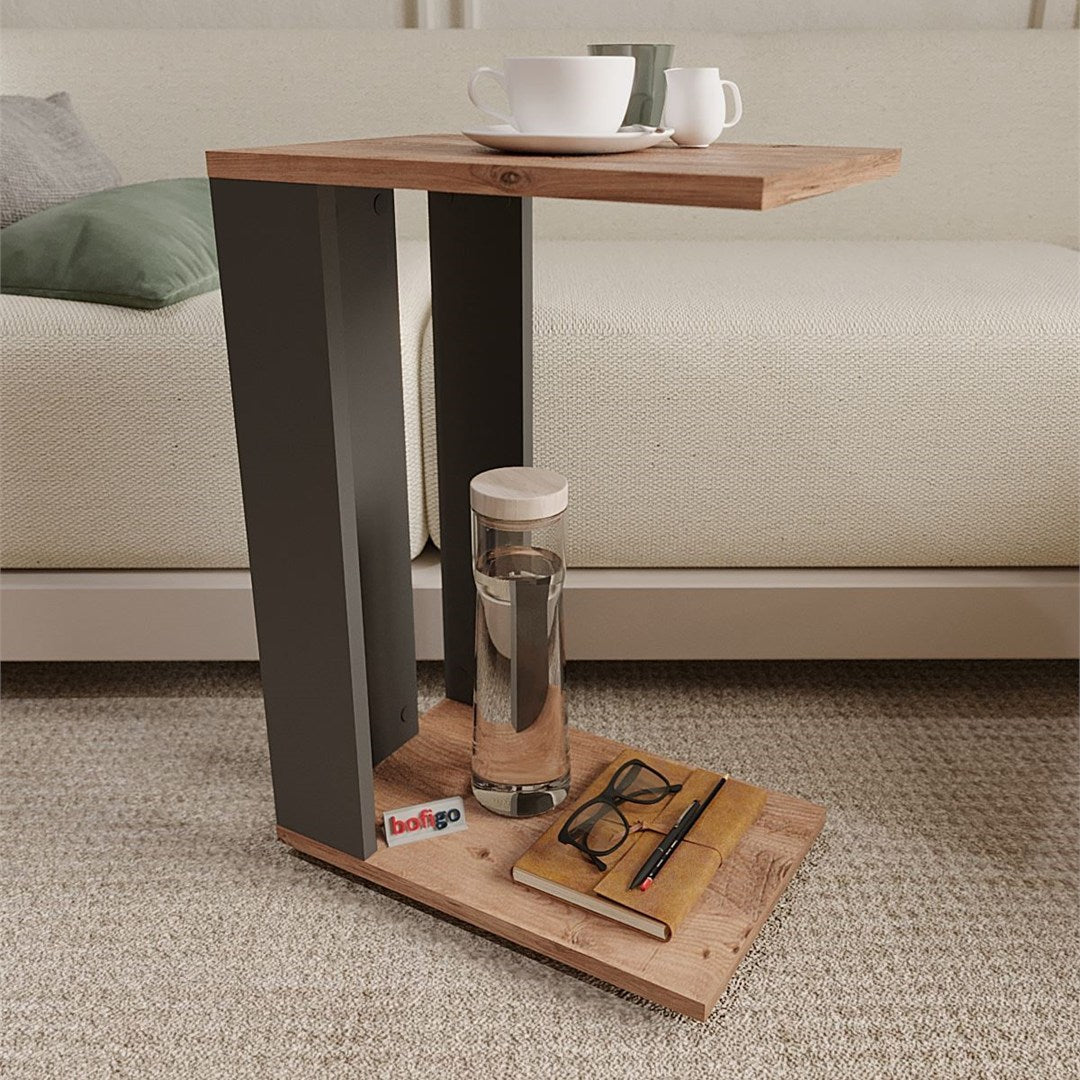 Masuta de cafea pe roti, masuta living 90 x 42 cm cu blocaj roti mobilitate in living, raft inferior pentru reviste sau telecomanda, PAL melaminat 18 mm bicolor Pin + Antracit, stil modern industrial Pin/Antracit - detaliu 3