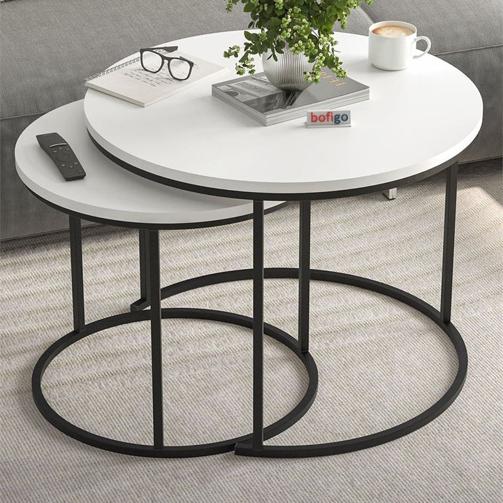 Set 2 masute Hilal Zigon, masute cafea 60 x 50 cm, stil Zigon se imping una sub alta, picioare metalice + blat PAL melaminat 18 mm clasa E1, perfecte living birou sau apartament mic, stil modern scandinav Alb - vedere principala