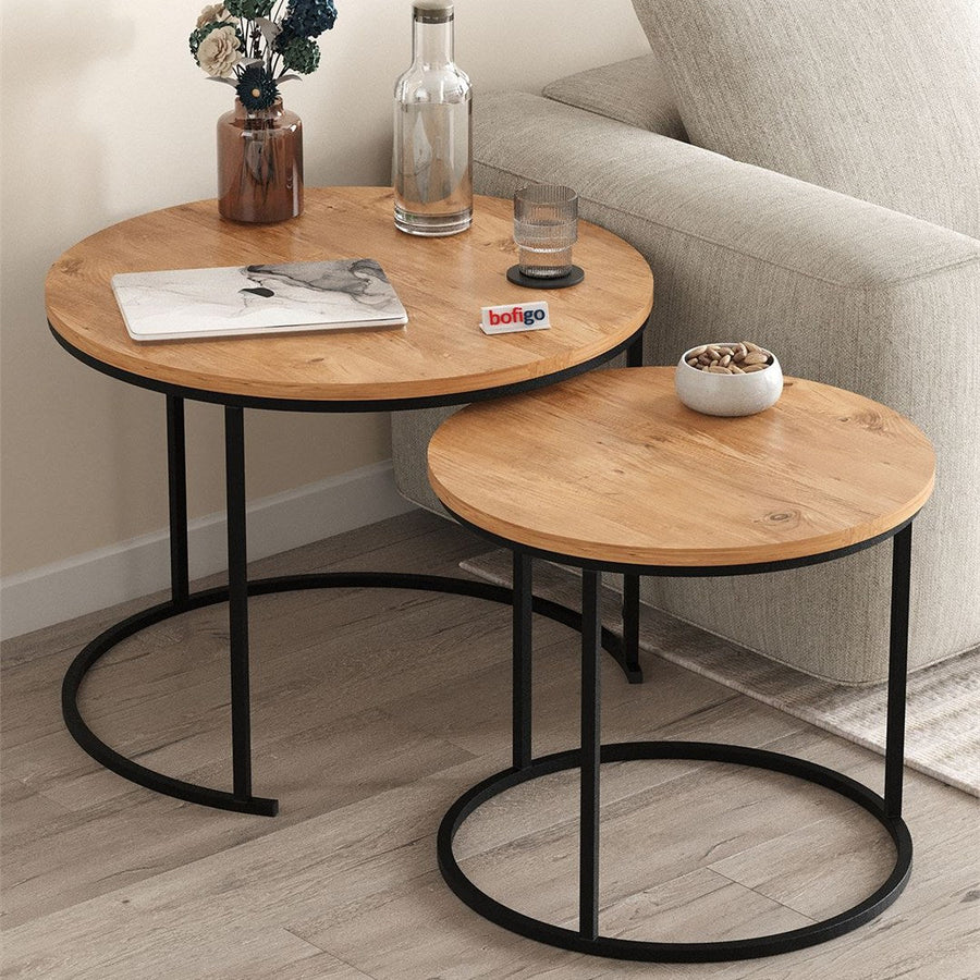 Set 2 masute Hilal Zigon, masute cafea 60 x 50 cm, stil Zigon se imping una sub alta, picioare metalice + blat PAL melaminat 18 mm clasa E1, perfecte living birou sau apartament mic, stil modern scandinav Pin natur - detaliu 2