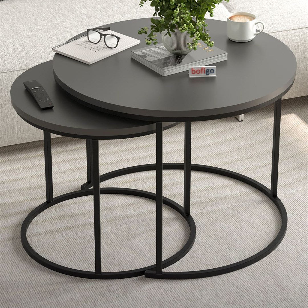 Set 2 masute Hilal Zigon, masute cafea 60 x 50 cm, stil Zigon se imping una sub alta, picioare metalice + blat PAL melaminat 18 mm clasa E1, perfecte living birou sau apartament mic, stil modern scandinav Antracit - vedere principala