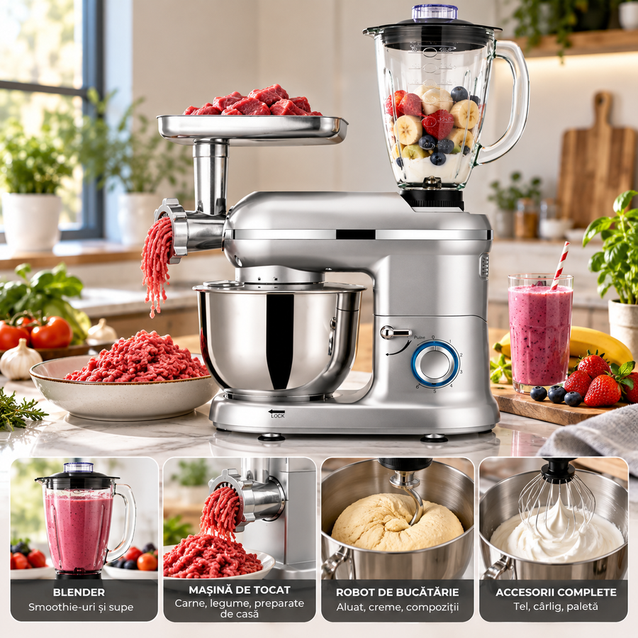 Robot de bucatarie 1400W cu bol inox 5.5L – mixer, tocator si blender multifunctional, argintiu