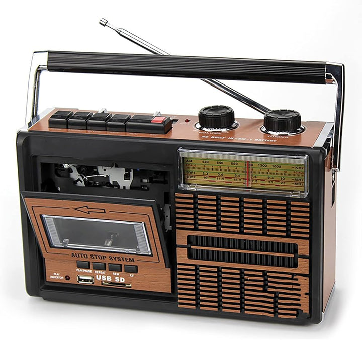 Radio retro portabil FP-319BT,  Casetofon, MP3, bluetooth , USB/SD, FM/AM/SW, Negru