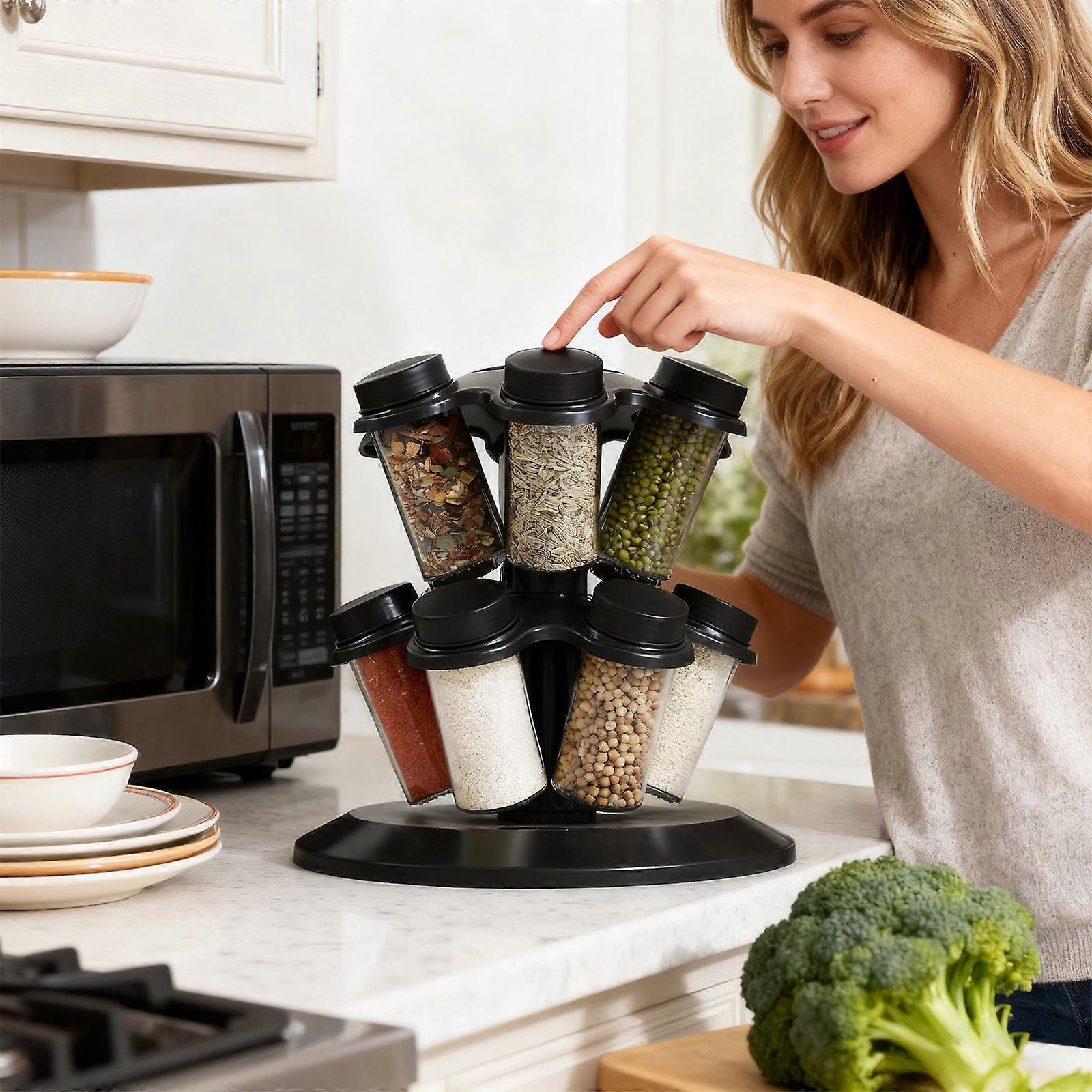 Suport rotativ pentru condimente cu 12 borcane, design tip ciuperca