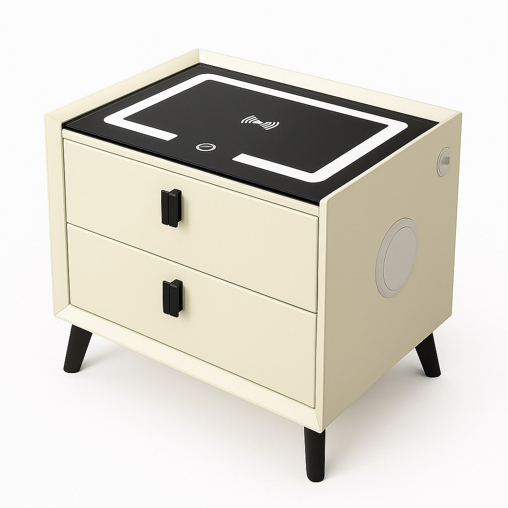 RESIGILAT - Noptiera Smart Multifunctionala, iluminare LED tactil cu 3 culori, incarcare wireless si USB, difuzor Bluetooth, 2 sertare