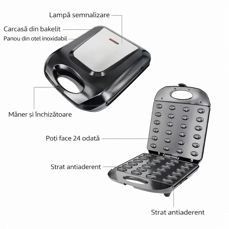 Aparat pentru preparat forme de nuci Hoffmans, 24 forme, 1400W, Indicator luminos, Placi antiaderente, Negru/Inox