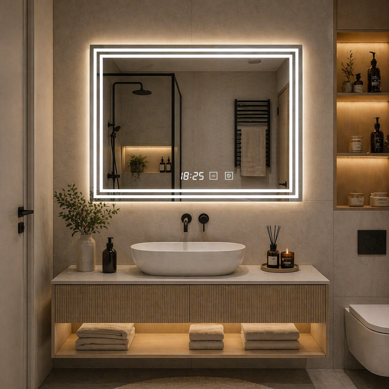 Oglinda LED moderna 80x60 cm cu 2 benzi integrate, touch, dezaburire si ceas digital