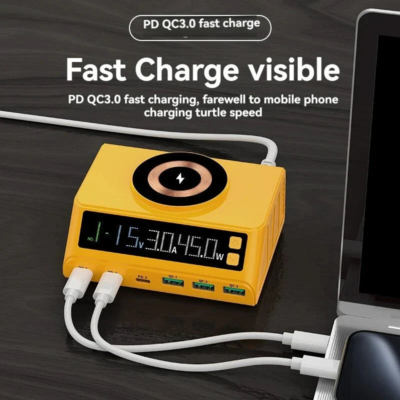 Statie de incarcare wireless M9A 110W cu 6 porturi USB si afisaj LED – Galben