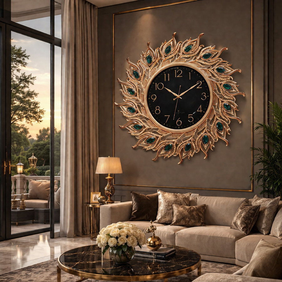 RESIGILAT - Ceas de perete decorativ 70 cm model pene de paun design elegant premium silentios