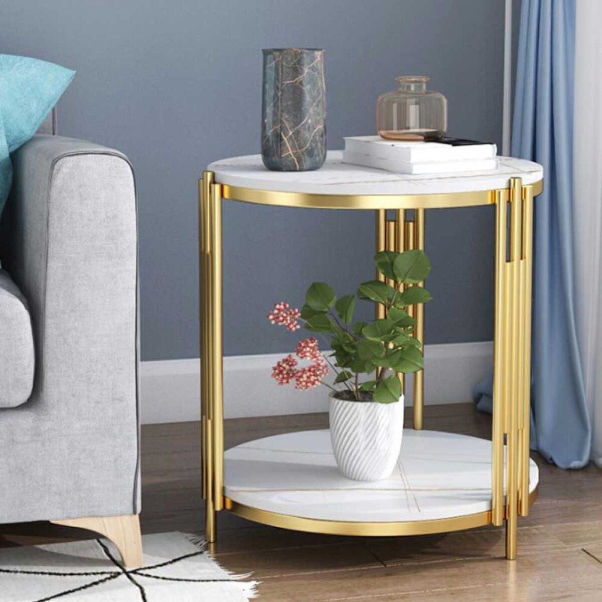 Masuta rotunda pe 2 nivele, blat tip piatra, cadru metalic auriu, design elegant, 60x30 cm